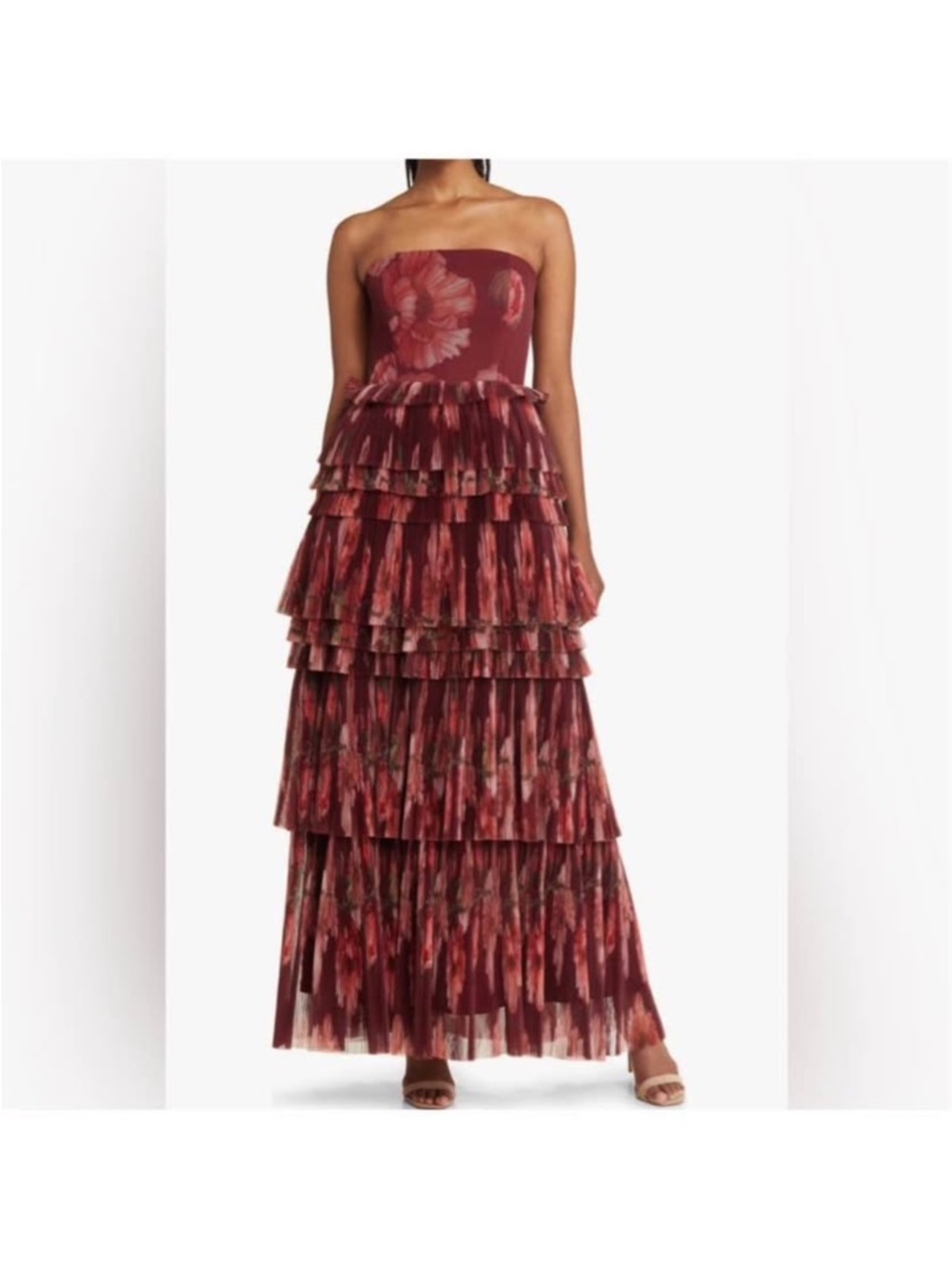 Hutch Strapless Tiered Floral Maxi Dress in Wine